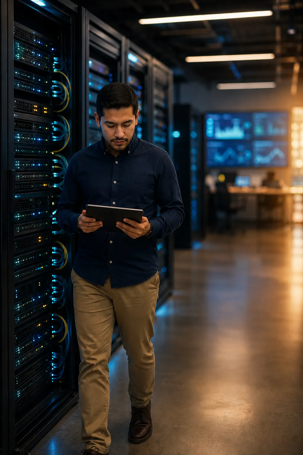 Operador mitecni.co revisando dashboard en data center — soporte TI gestionado